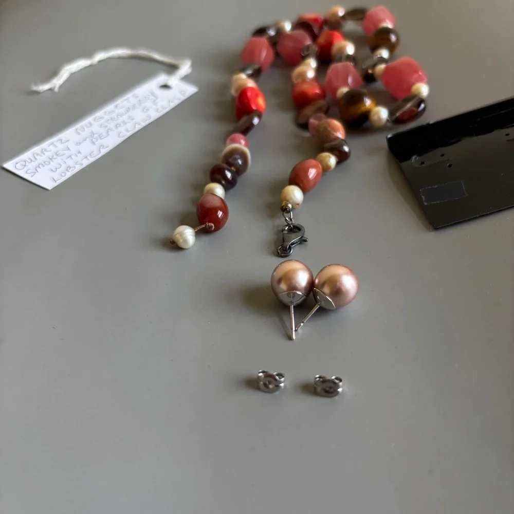 Matching Earring and Necklace Set. Handmade, imitation pearls and‎ quartz